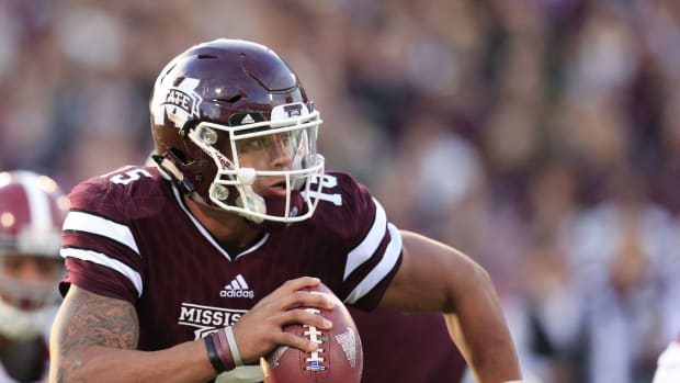Mississippi State Bulldogs quarterback Dak Prescott looks down field during the game against Alabama.